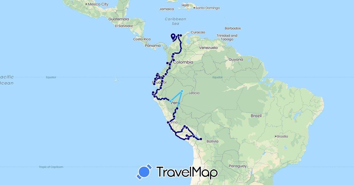 TravelMap itinerary: driving, boat in Bolivia, Colombia, Ecuador, Peru (South America)